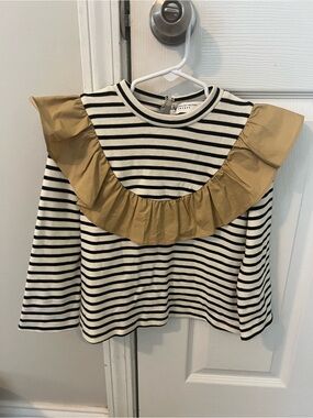 NWOT English Factory Recess Striped Ruffle Shoulder Top - Tan Accent